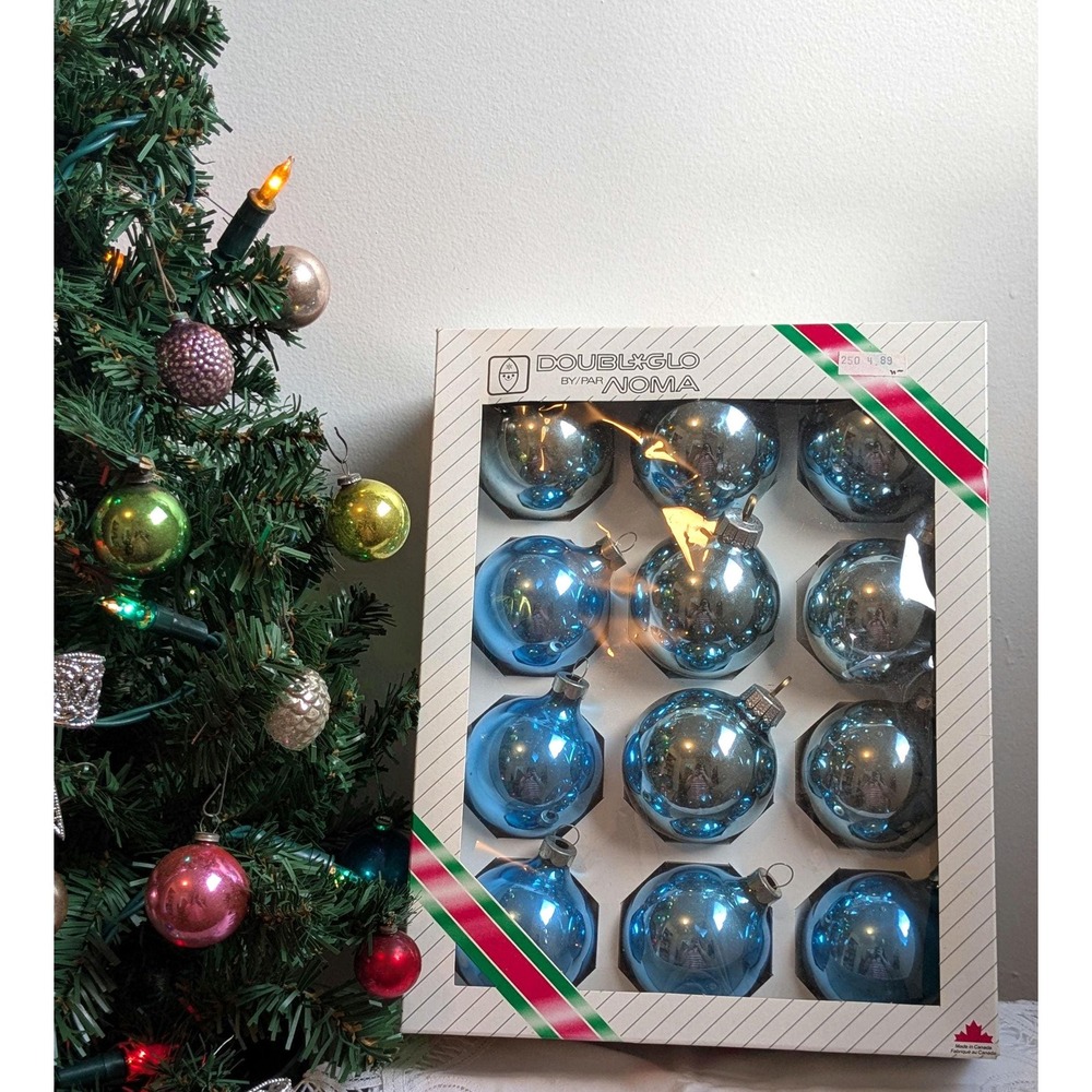Vintage NOMA Double-Glo Blue Glass Christmas Ornaments in Original Box